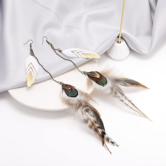 Handmade Boho Feather Earrings for Women - Lightweight & Colorful Dangle Design - Picture 3 of 5